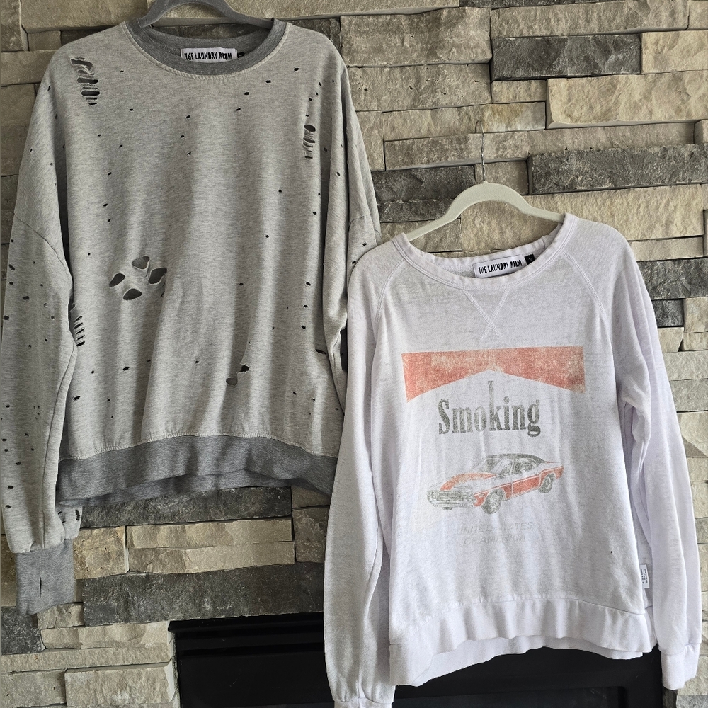 The Laundry Room Distressed Gray Sweatshirt and Graphic White Sweatshirt(FLAW)